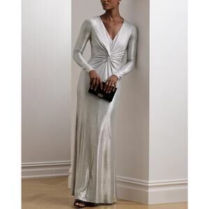 Lauren Ralph Lauren Women's Metallic Knit Twist-Front Gown Dress Silver